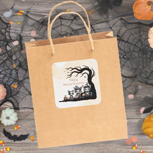 かわいい不気味幽霊ハロウィン黒猫 スクエアシール