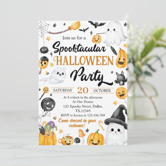 かわいい不気味幽霊ハローウィンパーティ招待状 招待状 (スタンド正面)