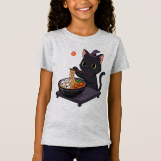 かわいい不気味黒猫と夜中ラーメン Tシャツ