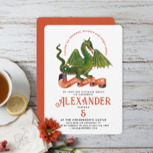 かわいい中世オレンジ緑のドラゴン子供の誕生日タイポ