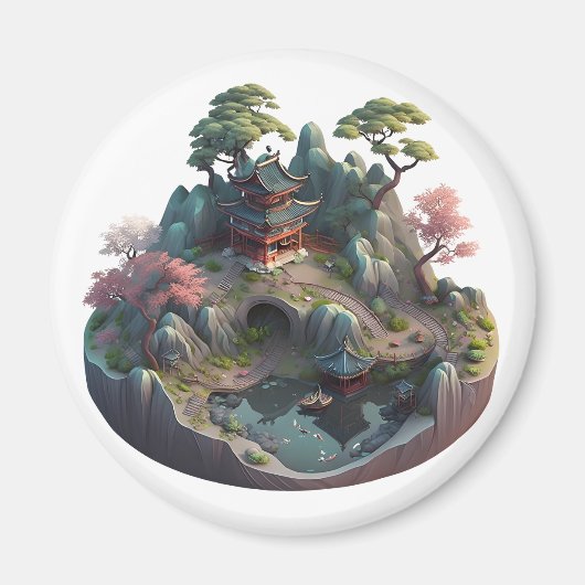 かわいい中国のファンタジー3D風景ラウンドマグネット マグネット (正面)