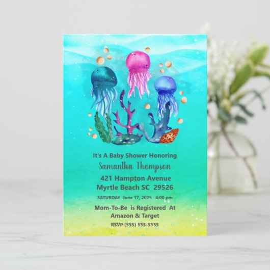 かわいい中性水中ゼリー魚の赤ちゃんシャワー 招待状 (スタンド正面)