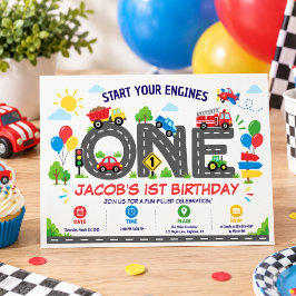 かわいい乗り物のお車 少年1歳の誕生日フォト 招待状