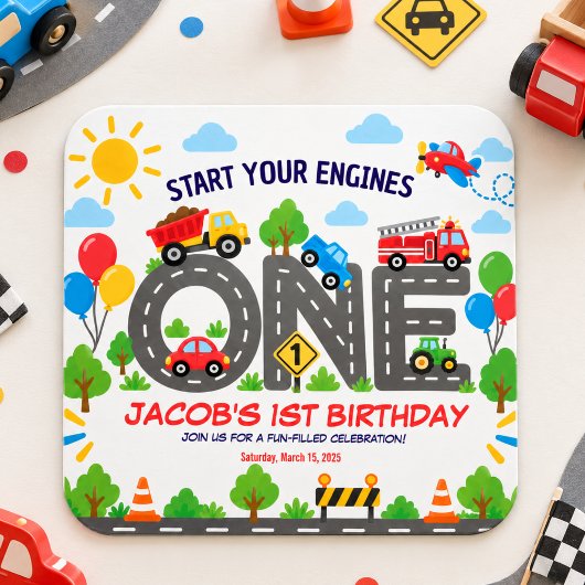 かわいい乗り物 車 男の子 1歳の誕生日 スクエアシール