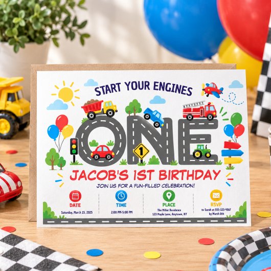 かわいい乗り物 車 1歳の誕生日 招待状