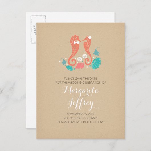 かわいい乗馬カップルビーチは日付はがきを保存する 案内ポストカード (正面/裏面)