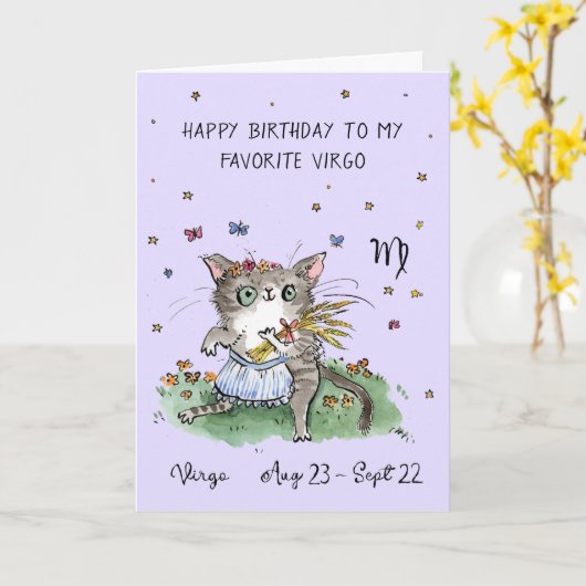 かわいい乙女座のカード 十二星座の猫 占星術の星のサイン ホロスコープ カード (黄色い花)