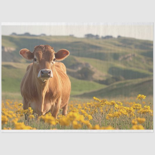 かわいい乳牛の黄色の野生の花のデコページ 薄葉紙 (正面)