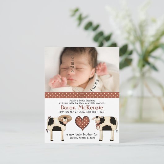 かわいい乳牛新生児ボーイと誕生写真 案内状 (スタンド正面)