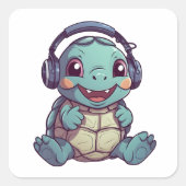 かわいい亀がヘッドフォンをはいて愛らしい動物 スクエアシール (正面)