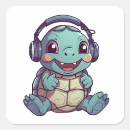 かわいい亀がヘッドフォンをはいて愛らしい動物 スクエアシール