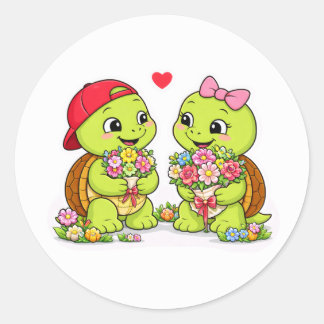 かわいい亀と花のハーモニー ラウンドシール
