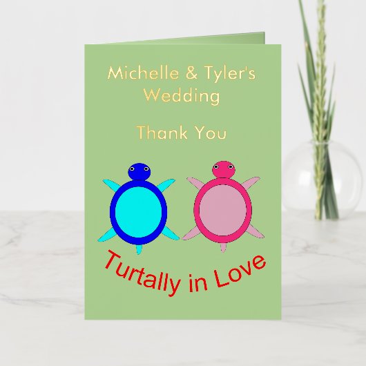 かわいい亀のカップルのカスタムウェディングありがとう 箔グリーティングカード (正面)