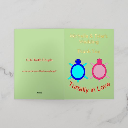 かわいい亀のカップルのカスタムウェディングありがとう 箔グリーティングカード (外側レイダウン)