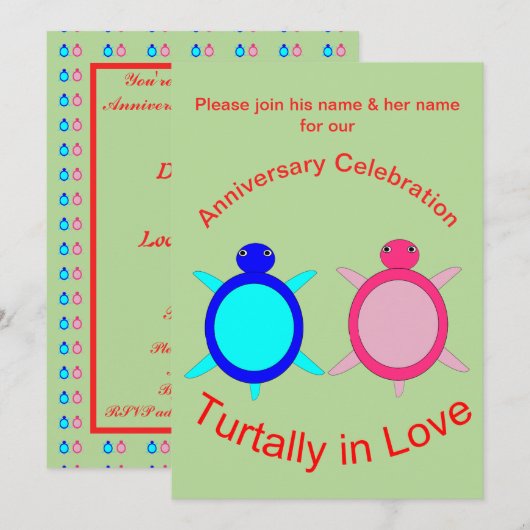 かわいい亀の夫婦パーソナライズされた記念日 招待状 (正面/裏面)