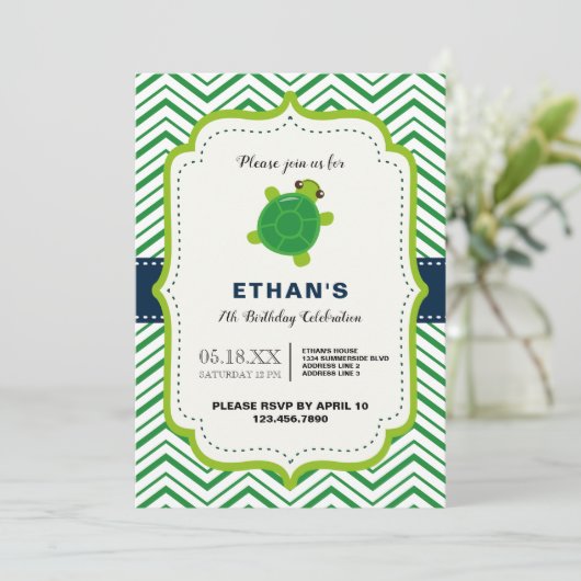 かわいい亀の緑の青いかわいい子供の誕生日 招待状 (スタンド正面)