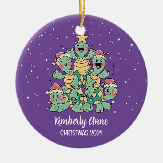 かわいい亀クリスマスツリー雪の冬の休日 セラミックオーナメント (正面)