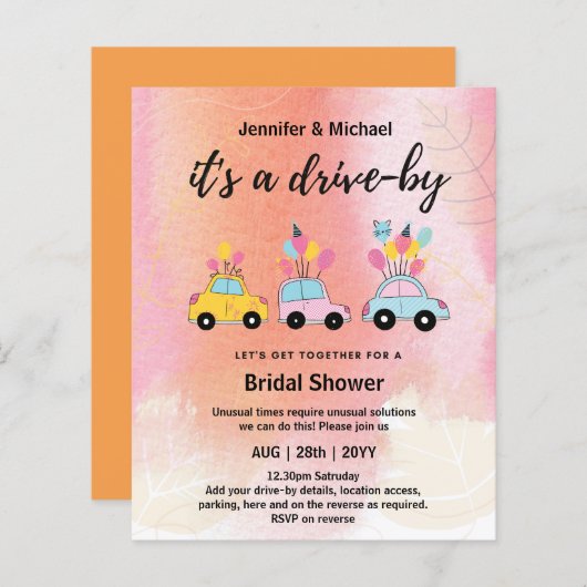 かわいい予算のドライブバイブライダルシャワー招待状 (正面/裏面)