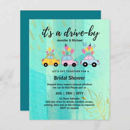かわいい予算のドライブバイブライダルシャワー招待状 (正面/裏面)