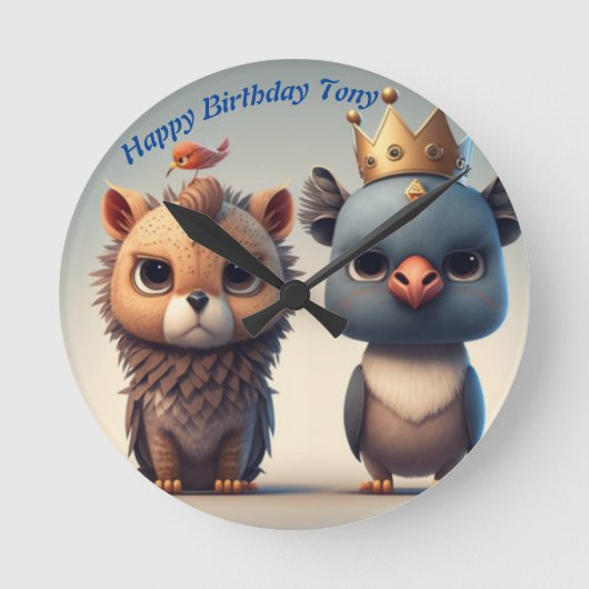 かわいい二人の野生動物の友達 ラウンド壁時計 (正面)