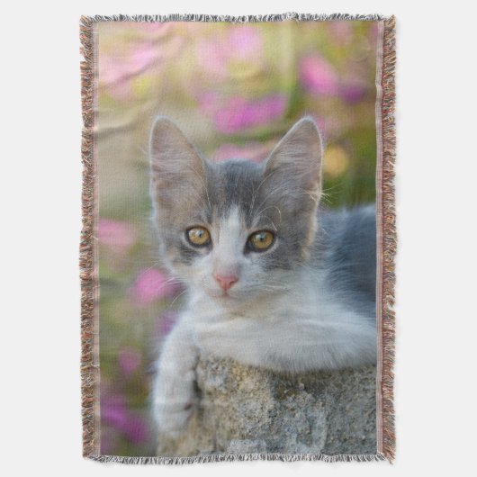 かわいい二色猫ネコちゃんピンクの花 – スローブランケット (正面縦)