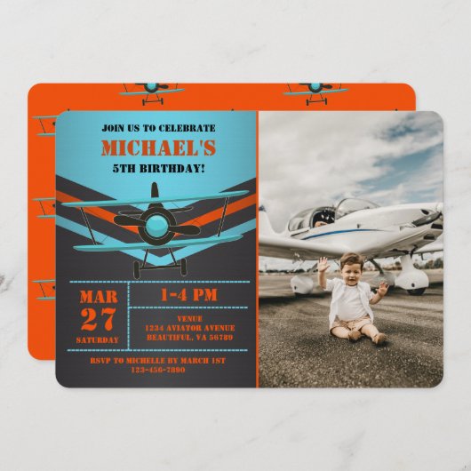 かわいい二面航空飛行機キッズフォト誕生日 招待状 (正面/裏面)