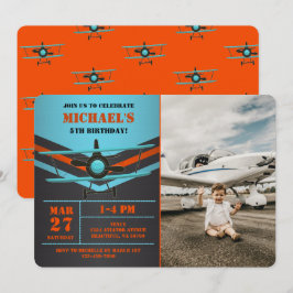 かわいい二面航空飛行機キッズフォト誕生日 招待状