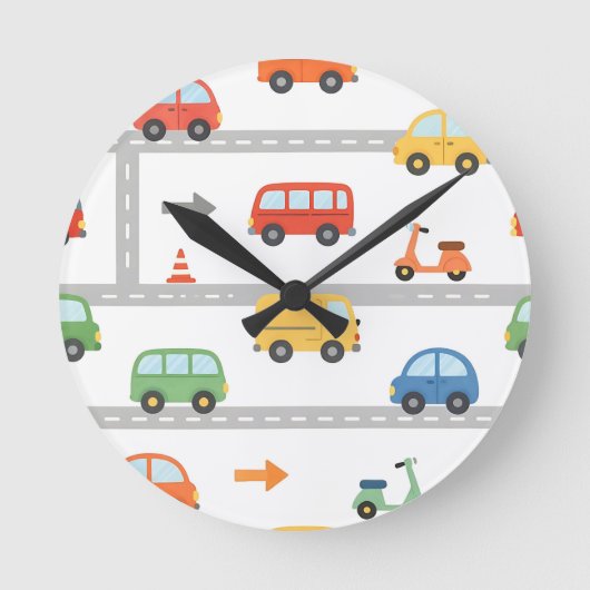 かわいい交通道路車両パターン子供 ラウンド壁時計 (正面)