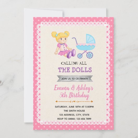 かわいい人形のパーティーの誕生日の招待 招待状 (正面)