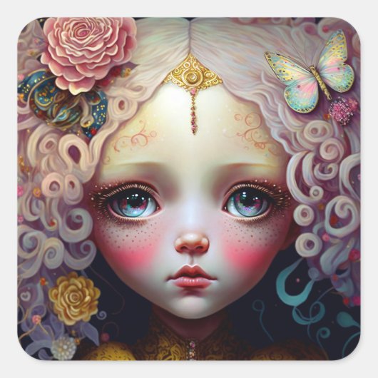 かわいい人形の少女ピンクの髪 スクエアシール (正面)