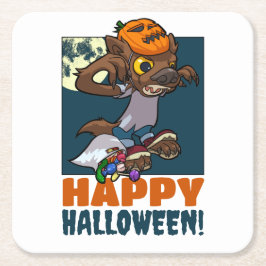 かわいい人狼ハッピーハローウィン!芸術をトリックまたは扱う スクエアペーパーコースター