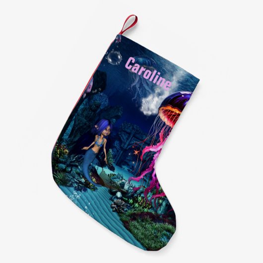 かわいい人魚が美しいクラゲを見る スモールクリスマスストッキング (正面 (吊り時))