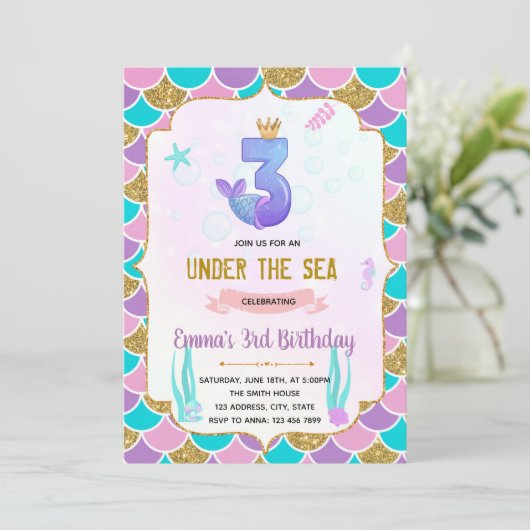 かわいい人魚さん3歳の誕生日の招待状 招待状 (スタンド正面)