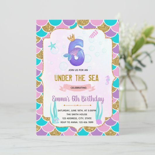 かわいい人魚さん6歳の誕生日の招待状 招待状 (スタンド正面)