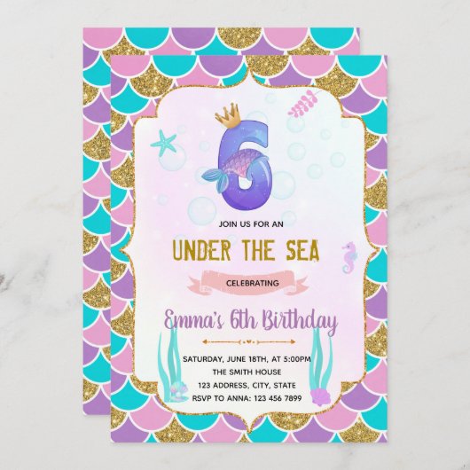 かわいい人魚さん6歳の誕生日の招待状 招待状 (正面/裏面)
