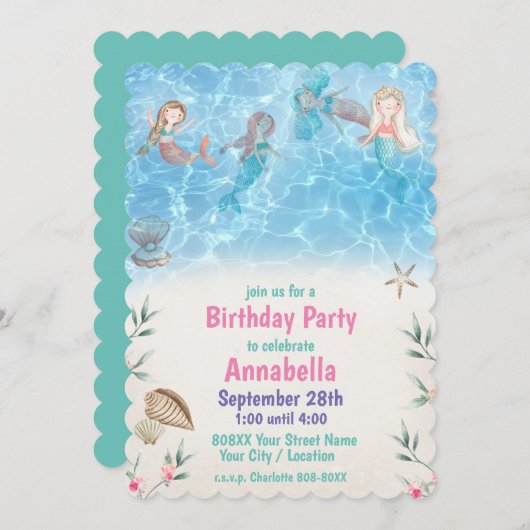 かわいい人魚たちが泳ぐビーチ 招待状 (正面/裏面)