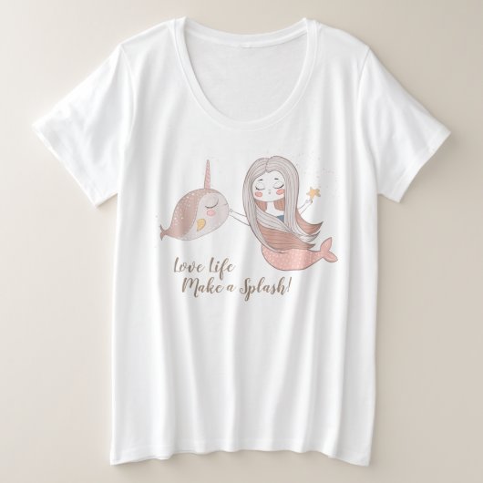 かわいい人魚とイッカク オーダーメイド プラスサイズTシャツ (デザイン正面)