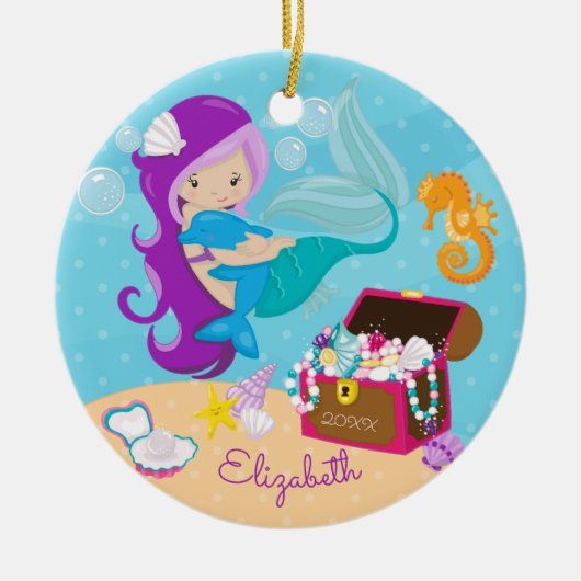 かわいい人魚とイルカのクリスマスオーナメント セラミックオーナメント (正面)