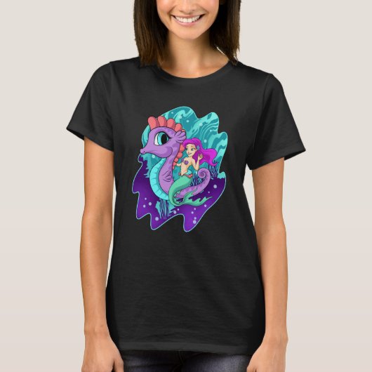 かわいい人魚とタツノオトシゴのシルエット 水棲生物 Tシャツ (正面)