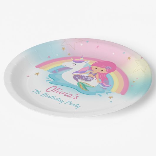 かわいい人魚とユニコーンプール誕生日パーティー ペーパープレート (アングル)