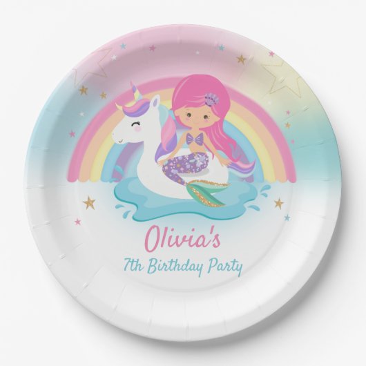 かわいい人魚とユニコーンプール誕生日パーティー ペーパープレート (正面)