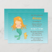 かわいい人魚と海馬の女の子の誕生日パーティー 招待状 (正面/裏面)