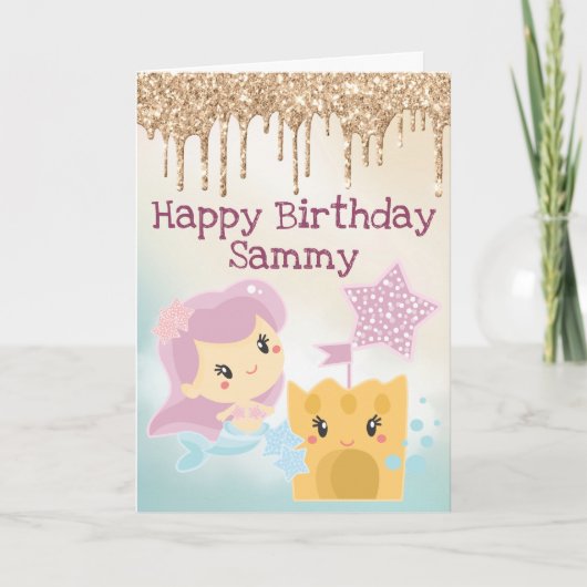 かわいい人魚と砂の城のグラデーション誕生日 カード (正面)
