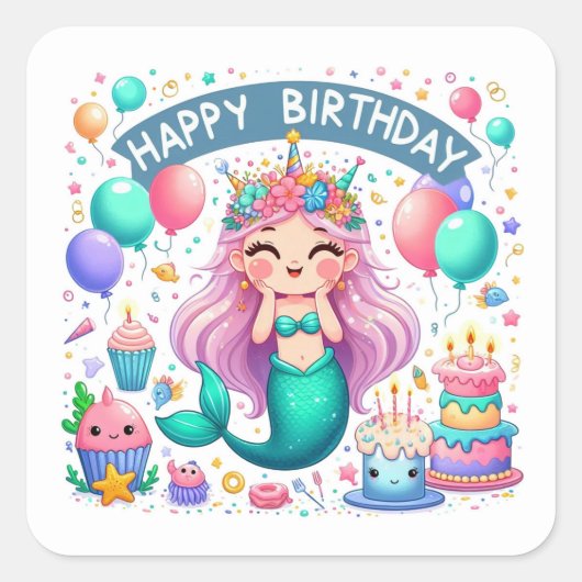 かわいい人魚のお誕生日お祝い スクエアシール (正面)