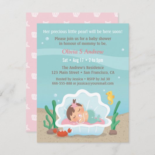 かわいい人魚のひいさまが海の中でベビーシャワー招待状 招待状 (正面/裏面)