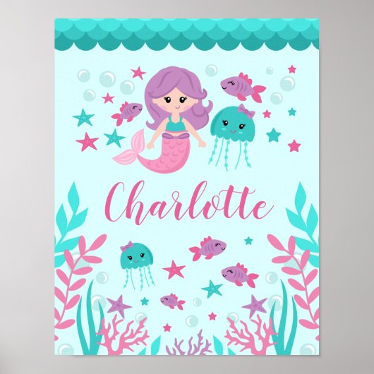 かわいい人魚のカスタマイズ女の子の部屋の壁アート ポスター (正面)