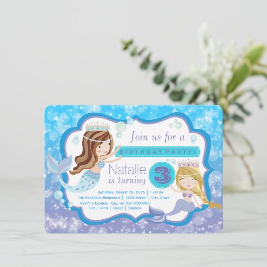 かわいい人魚のバースデーパーティ招待状 招待状 (スタンド正面)