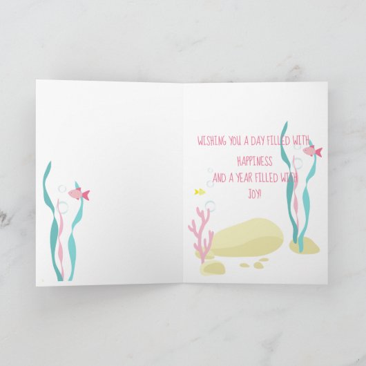 かわいい人魚のピンクとミントの女の子の誕生日 カード (内部)