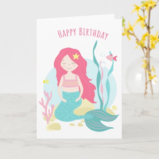 かわいい人魚のピンクとミントの女の子の誕生日 カード (黄色い花)