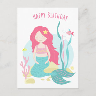 かわいい人魚のピンクとミントの女の子の誕生日 ポストカード
